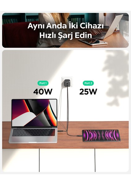 65W Usb-C 2 Port Mini Hızlı Şarj Aleti Samsung Pps 2.0 / Isı Düşürücü Gan Destekli Akım Korumalı Güç Adaptörü iPhone & Android & iPad & MacBook Type-C PE2204 Black - ACH05163 fiyatları