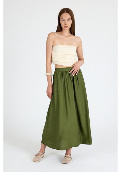 Haki Keten Görünümlü Cep Detaylı Midi Etek 2344 fiyatları