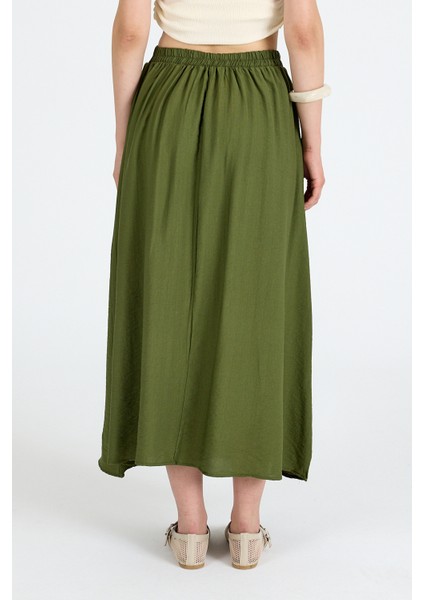 Haki Keten Görünümlü Cep Detaylı Midi Etek 2344 indirimleri