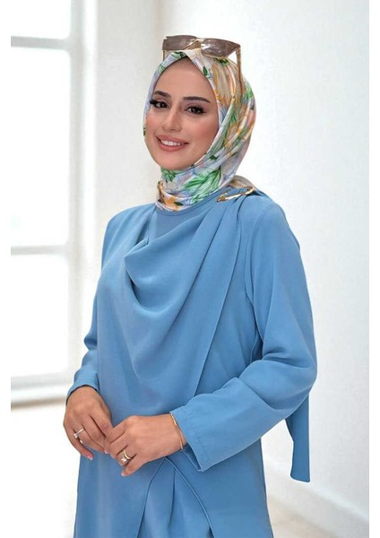 Tek Omuz Gold Toka Detaylı Tunik Pantolon Takım 8698 Bebe Mavisi modelleri