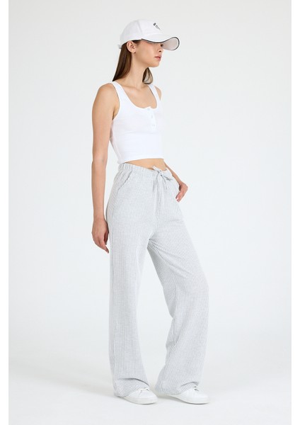 Gri Beli Lastikli Çizgili Geniş Paça Dokuma Pantolon 4098 fiyatları