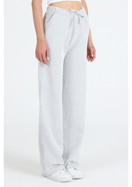 Gri Beli Lastikli Çizgili Geniş Paça Dokuma Pantolon 4098 modelleri