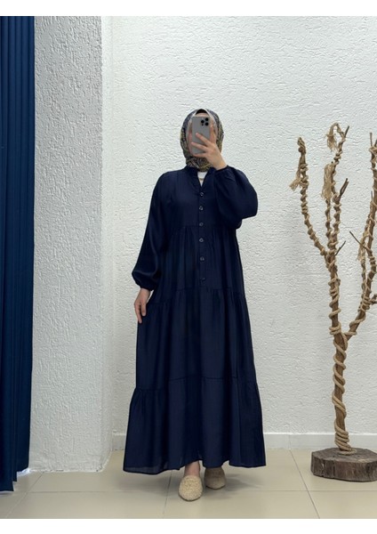 Yazlık Tesettür Elbise/melina Düğmeli Çilek ELBISE-KN9658 Lacivert