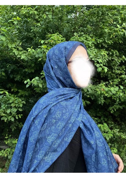 Kokulu Etnik Desen Lacivert Soft Şal 75X180