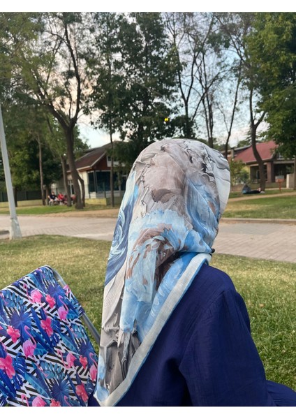 Çiçek Desenli Soft Eşarp Mavi