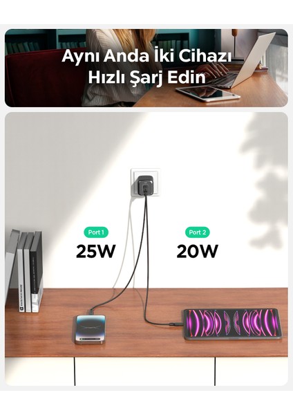 45W Usb-C 2 Port Mini Hızlı Şarj Aleti Samsung Pps 2.0 / Isı Düşürücü Gan Destekli Akım Korumalı Güç Adaptörü iPhone & Android & iPad & MacBook Type-C PE2203 Black - ACH05154 fiyatları