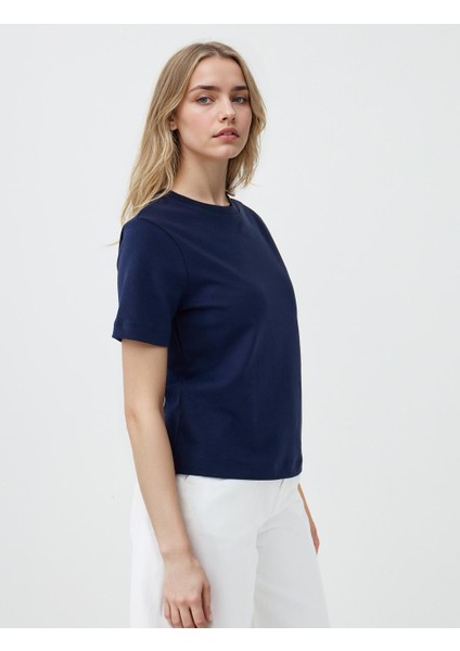 Lacivert %100 Pamuk Bisiklet Yaka Kısa Kollu Örme Tişört