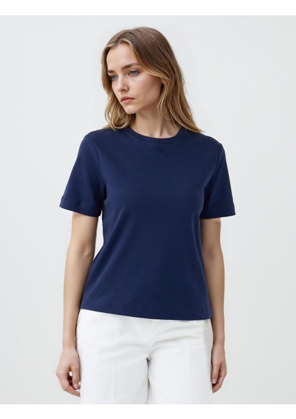 Lacivert %100 Pamuk Bisiklet Yaka Kısa Kollu Örme Tişört modelleri