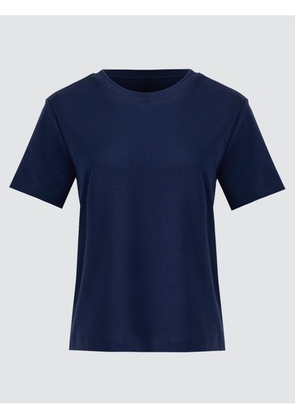 Lacivert %100 Pamuk Bisiklet Yaka Kısa Kollu Örme Tişört