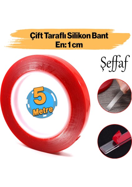 Çift Taraflı Silikon Bant Montaj Bandı Şeffaf 10 mm x 5 Metre Güçlü Çok Amaçlı Yapıştırıcı 1 Adet