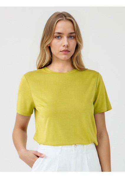 Açık Yeşil Bisiklet Yaka Kısa Kollu Örme Modal Tişört