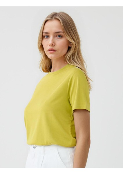 Açık Yeşil Bisiklet Yaka Kısa Kollu Örme Modal Tişört modelleri