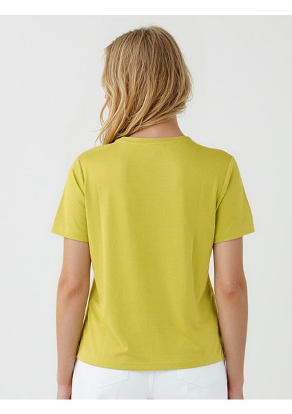 Açık Yeşil Bisiklet Yaka Kısa Kollu Örme Modal Tişört indirimleri