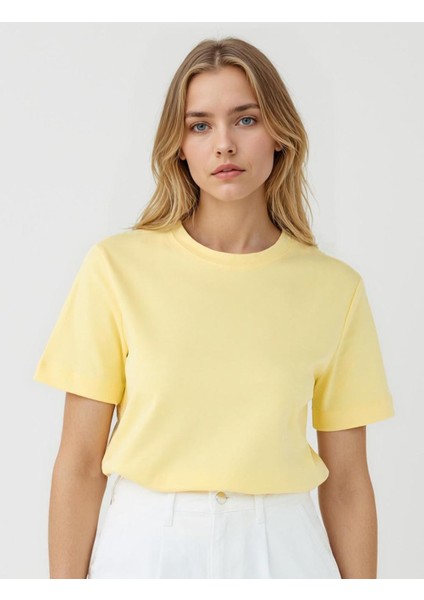 Sarı %100 Pamuk Bisiklet Yaka Kısa Kollu Örme Tişört