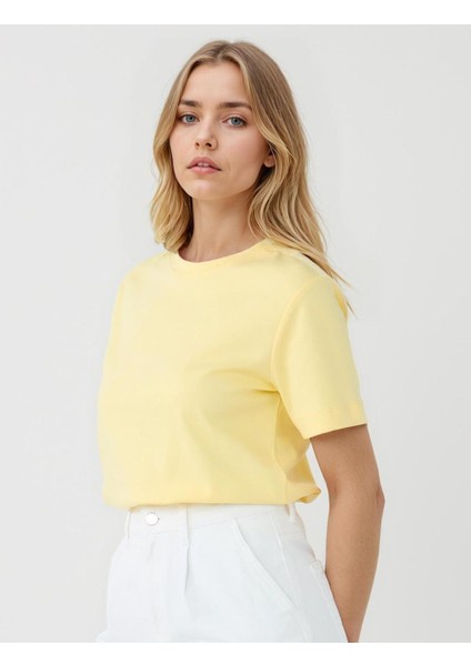 Sarı %100 Pamuk Bisiklet Yaka Kısa Kollu Örme Tişört modelleri