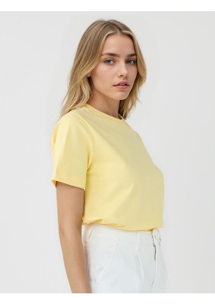 Sarı %100 Pamuk Bisiklet Yaka Kısa Kollu Örme Tişört fırsatları