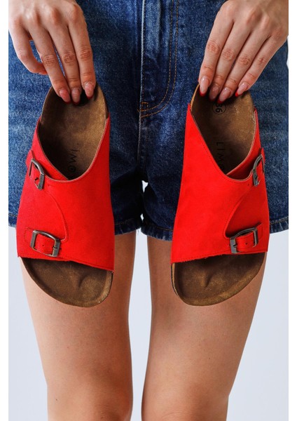 Christella Kırmızı Süet Çift Toka Detaylı Terlik fiyatları