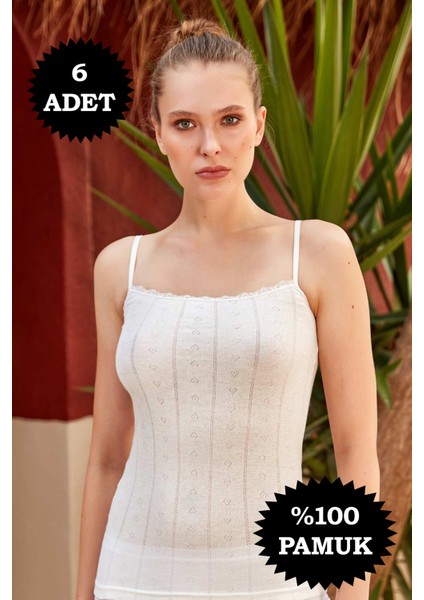 Bayan Kalp Desenli Dantelli Ince Askılı %100 Pamuk Atlet 6 Adet