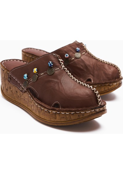 Hakiki Deri Annika Toprak Antik Detaylı Dolgu Sabo Terlik