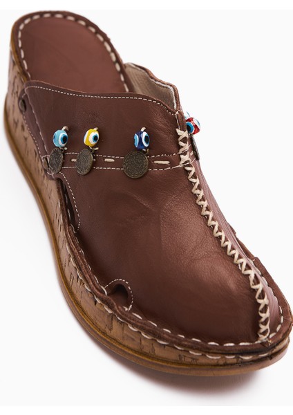 Hakiki Deri Annika Toprak Antik Detaylı Dolgu Sabo Terlik modelleri