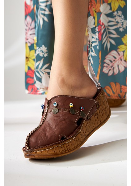 Hakiki Deri Annika Toprak Antik Detaylı Dolgu Sabo Terlik fırsatları