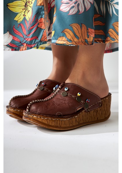 Hakiki Deri Annika Toprak Antik Detaylı Dolgu Sabo Terlik indirimleri