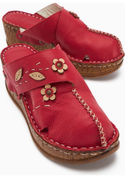 Hakiki Deri Alto Kırmızı Dolgu Terlik Eskitme Tabanlı Comfort Terlik