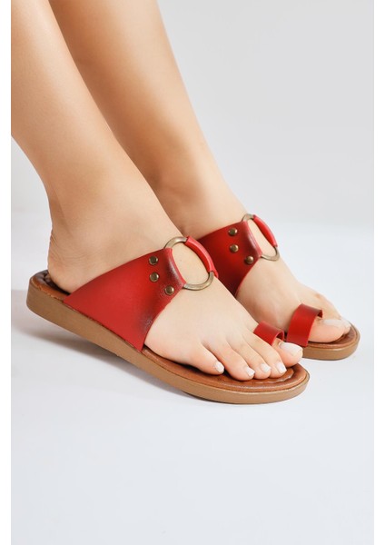 Hakiki Deri Bitania Kırmızı Parmak Arası Terlik