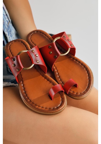 Hakiki Deri Bitania Kırmızı Parmak Arası Terlik modelleri