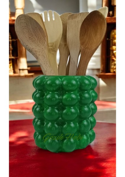 Gözdehobi Tezgah Üstü Dik Tahta Kaşıklık Kepçelik Mutfak Organizeri Dekoratif Yeşil Parlak Vazo