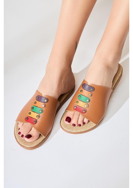 Hakiki Deri Nicola Taba Hasır Tabanlı Renkli Tokalı Terlik