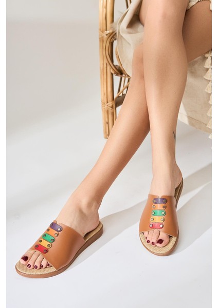 Hakiki Deri Nicola Taba Hasır Tabanlı Renkli Tokalı Terlik modelleri