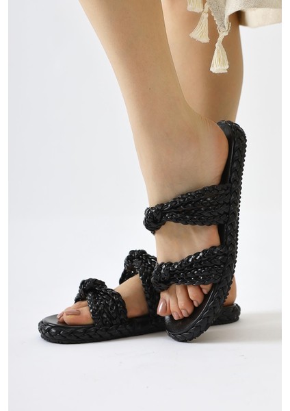 Nessa Siyah Rugan Örgü Bantlı Terlik