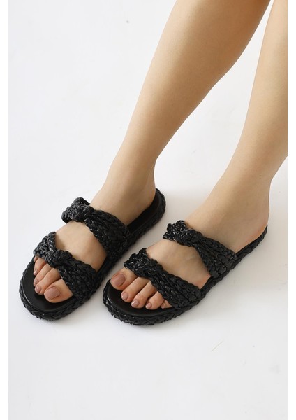 Nessa Siyah Rugan Örgü Bantlı Terlik fırsatları