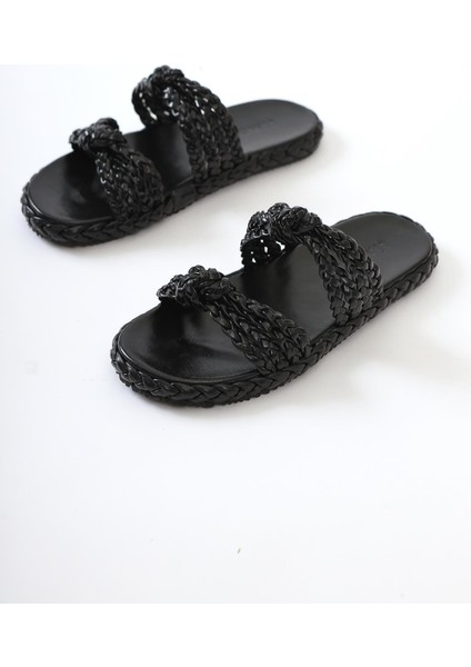 Nessa Siyah Rugan Örgü Bantlı Terlik indirimleri