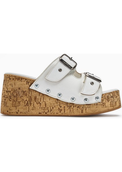 Ratka Beyaz Çift Bantlı Platform Topuklu Kadın Terlik