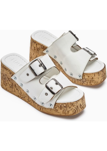 Ratka Beyaz Çift Bantlı Platform Topuklu Kadın Terlik modelleri