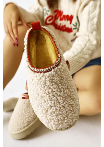 Ely Bej Nakış Detaylı Kışlık Teddy Terlik