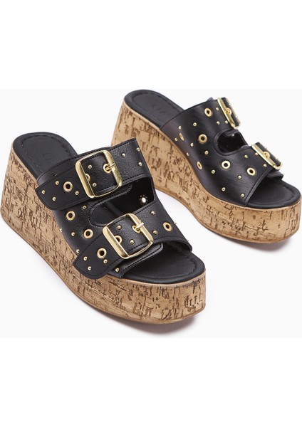 Genja Siyah Troklu Dolgu Topuklu Kadın Terlik