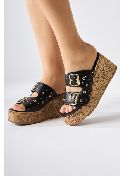 Genja Siyah Troklu Dolgu Topuklu Kadın Terlik fiyatları