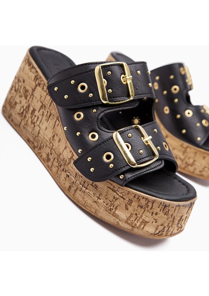 Genja Siyah Troklu Dolgu Topuklu Kadın Terlik fırsatları