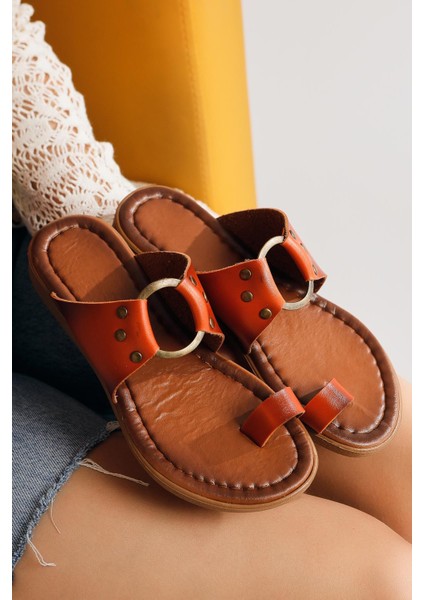 Hakiki Deri Bitania Turuncu Parmak Arası Terlik