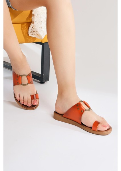 Hakiki Deri Bitania Turuncu Parmak Arası Terlik modelleri