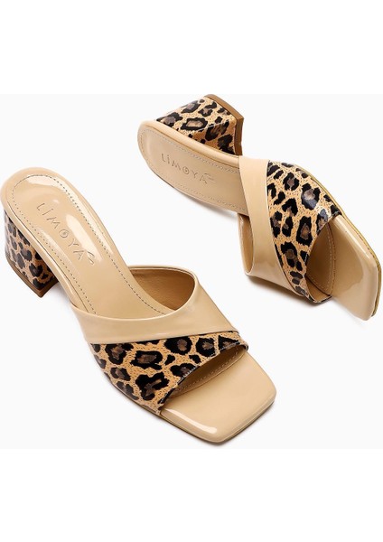Morena Bej Rugan Leopar Detaylı Kısa Topuklu Kadın Terlik