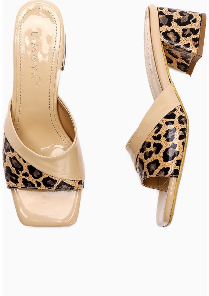 Morena Bej Rugan Leopar Detaylı Kısa Topuklu Kadın Terlik indirimleri
