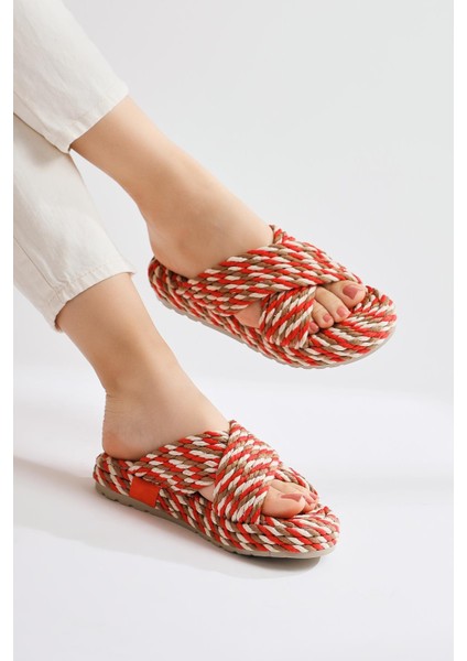 Leiya Kırmızı Çapraz Bantlı Halat Terlik modelleri