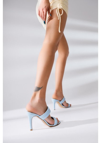 Rhoda Mavi Oval Burunlu Bantlı Topuklu Terlik modelleri