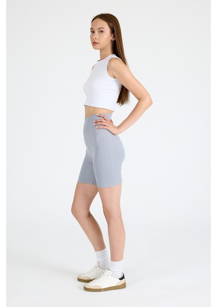 Gri Fitilli Biker Şort Tayt 3005
