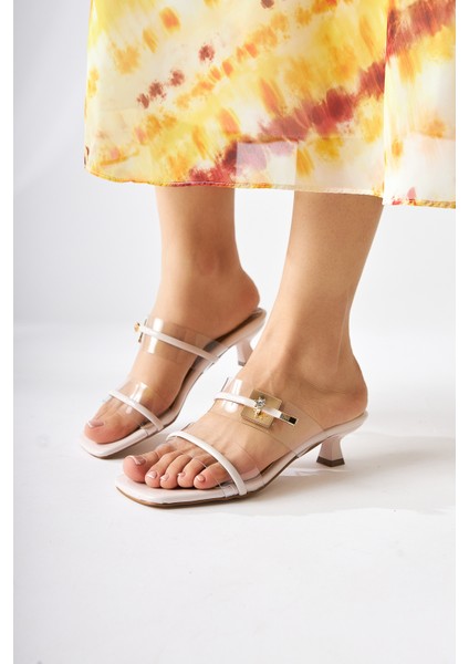 Silvi Bej Rugan Tokalı Kısa Topuklu Kadın Terlik modelleri