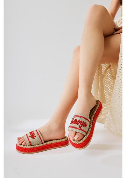 Vasana Kırmızı Yumuşak Dokulu Kalın Tabanlı Halat Terlik